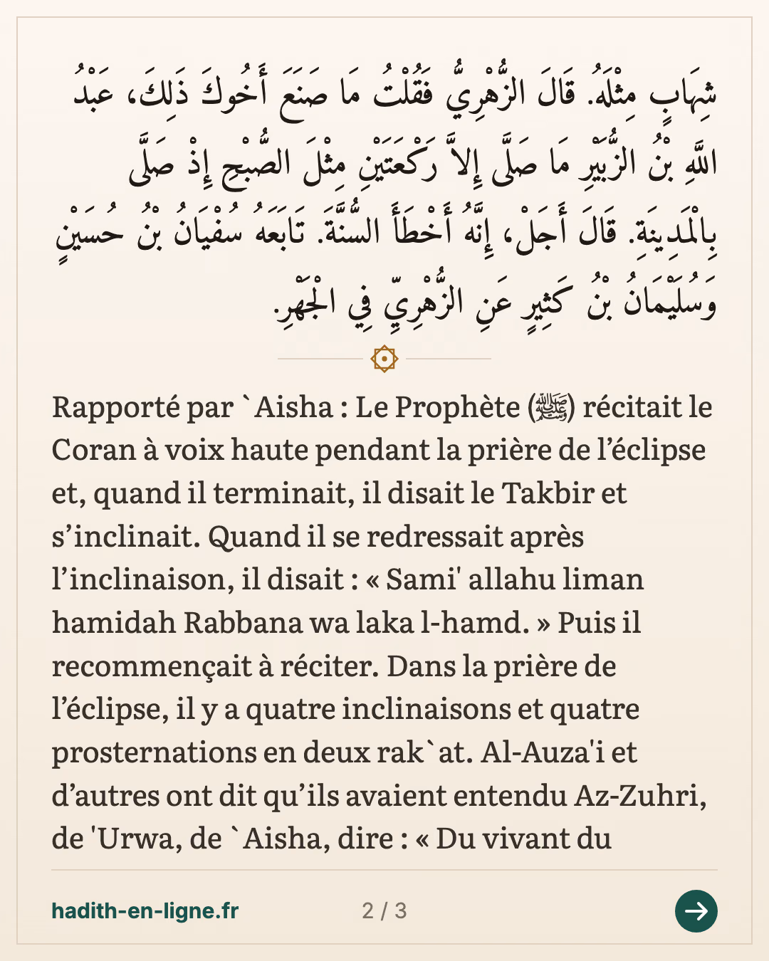 La prière sera faite en groupe! — Hadith rapporté par Boukhari (n°1066) — carte 2 sur 3