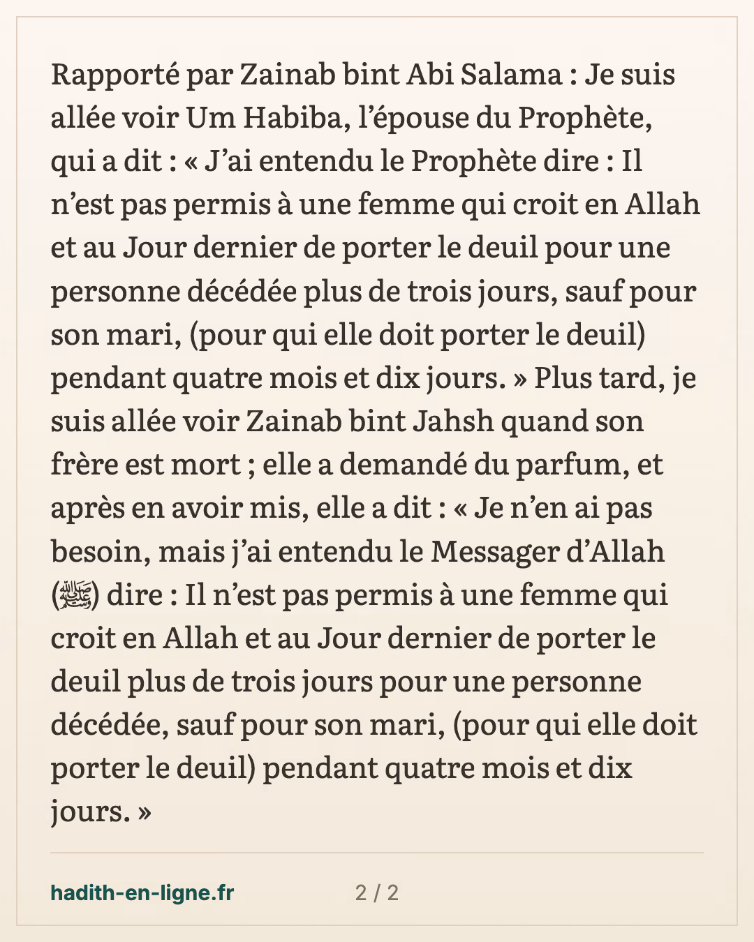 Le deuil n'est permis que trois jours, sauf pour le mari : quatre mois et dix jours — carte 2 sur 2