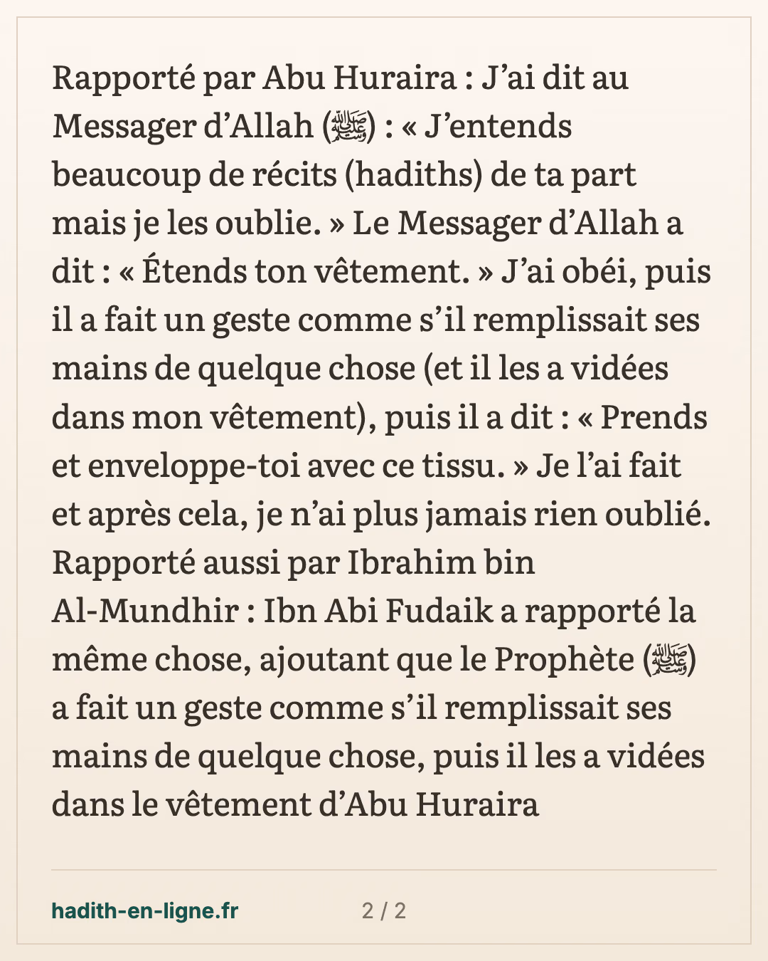 Je t'entends dire beaucoup de hadîths que j'oublie... — carte 2 sur 2