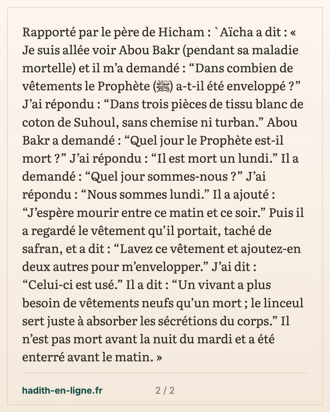 La mort d'Abou Bakr un lundi et son linceul — carte 2 sur 2