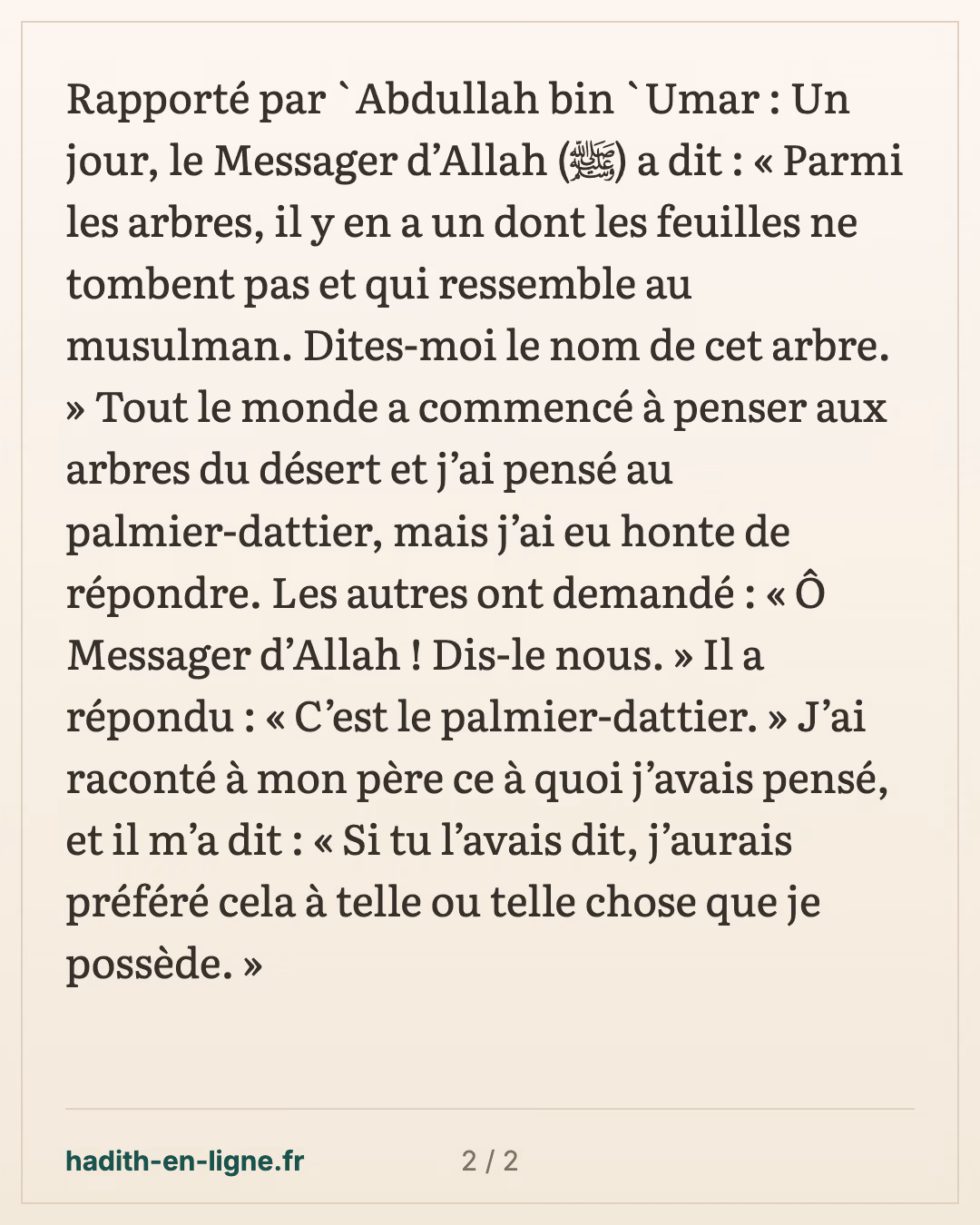 L'arbre dont les feuilles ne tombent pas, semblable au musulman — carte 2 sur 2