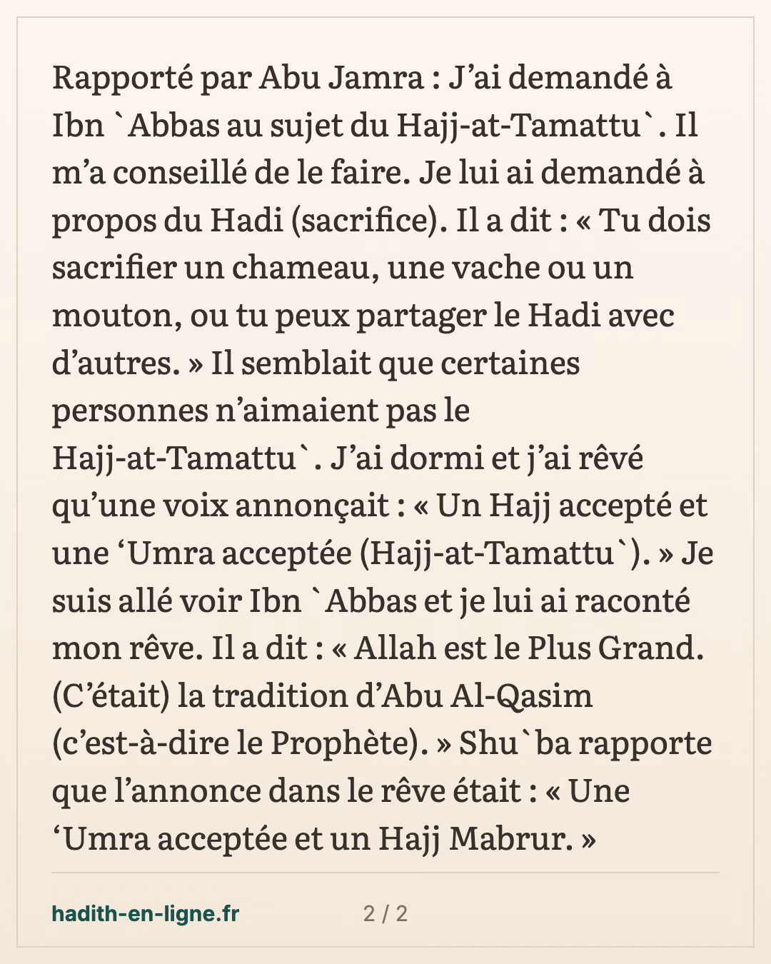Ibn 'Abbas conseille le hajj tamattou' et le sacrifice — carte 2 sur 2