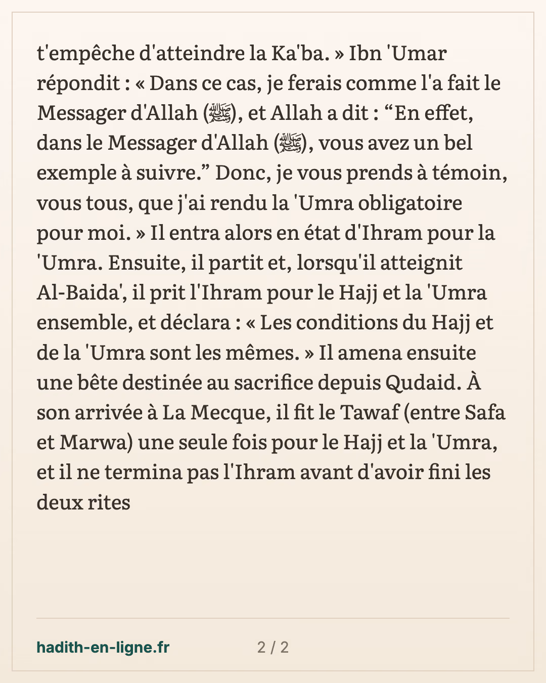 Ibn 'Omar prend la sacralisation pour le hajj et la 'omra et achète son offrande en route — carte 2 sur 2