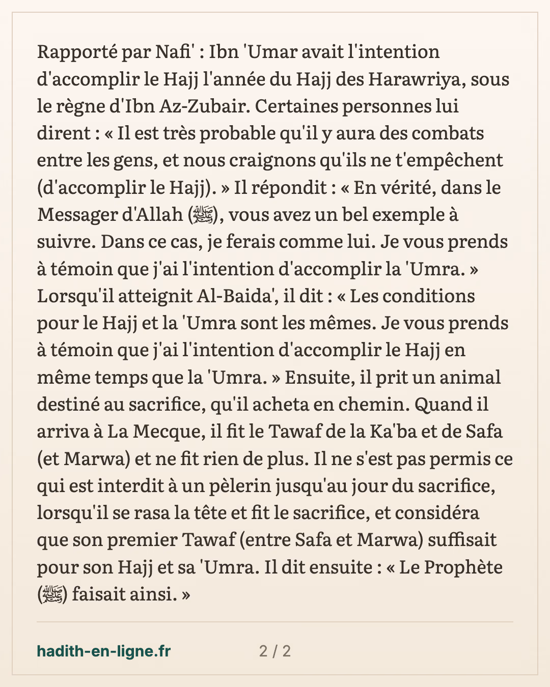 Ibn 'Omar part en pèlerinage malgré les troubles et achète son offrande en route — carte 2 sur 2