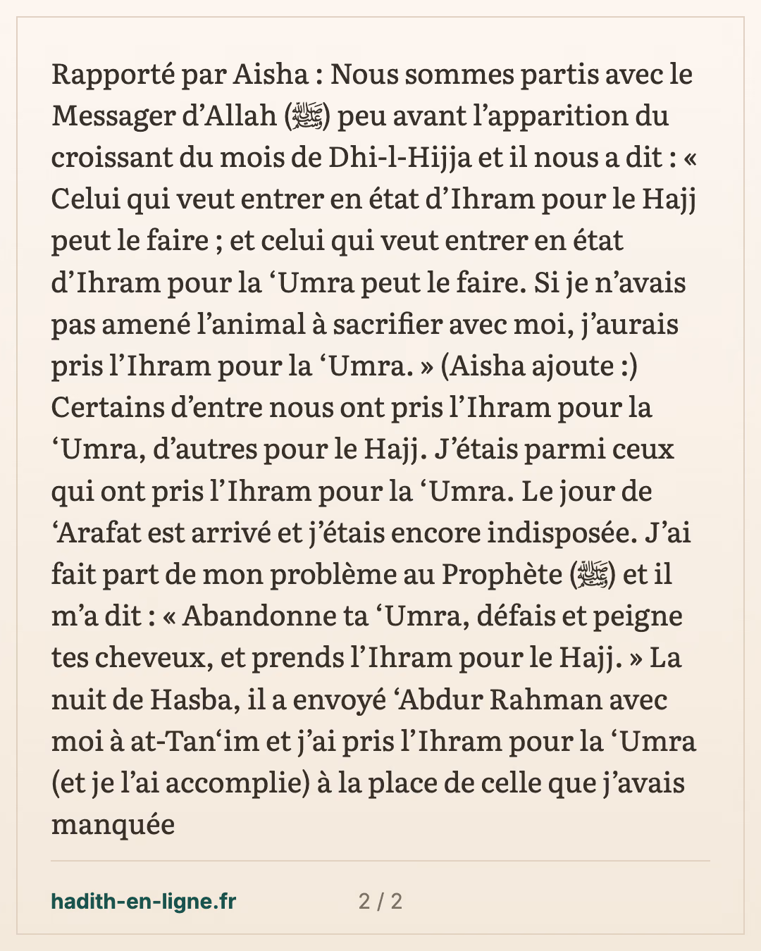 'Aïcha laisse sa 'omra et prend la sacralisation pour le hajj — carte 2 sur 2