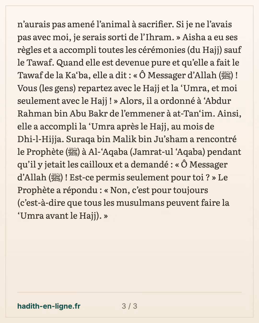 Les compagnons transforment leur hajj en 'omra, sauf ceux qui ont une offrande — carte 3 sur 3