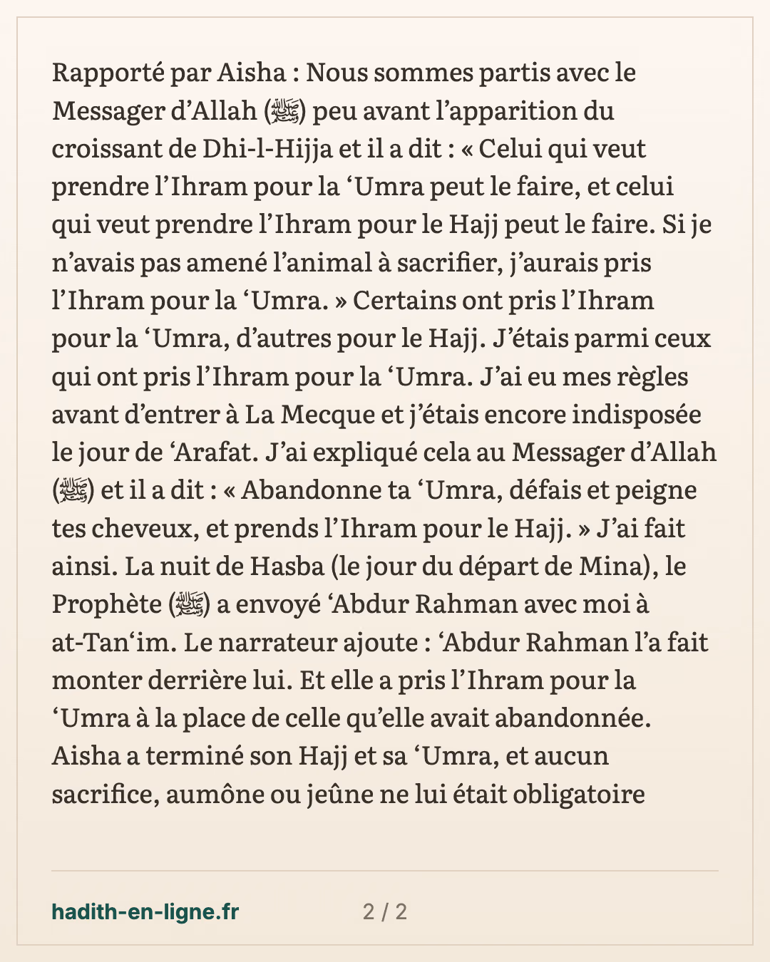 'Aïcha, empêchée par ses règles, accomplit la 'omra après le hajj — carte 2 sur 2