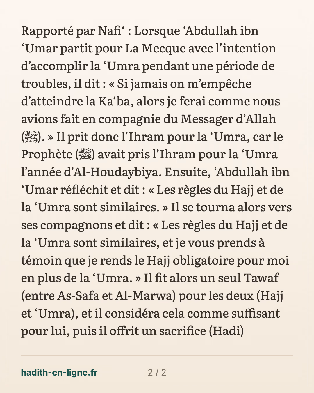 Ibn 'Omar prend la sacralisation pour la 'omra pendant les troubles — carte 2 sur 2