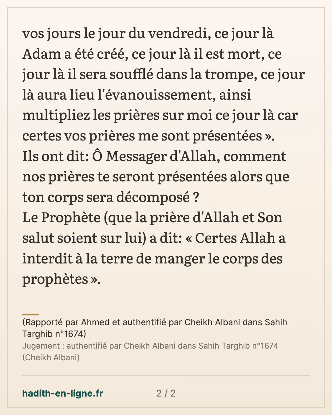 Parmi les meilleurs de vos jours le jour du vendredi — (Rapporté par Ahmed et authentifié par Cheikh Albani dans Sahih Targhib n°1674) — carte 2 sur 2
