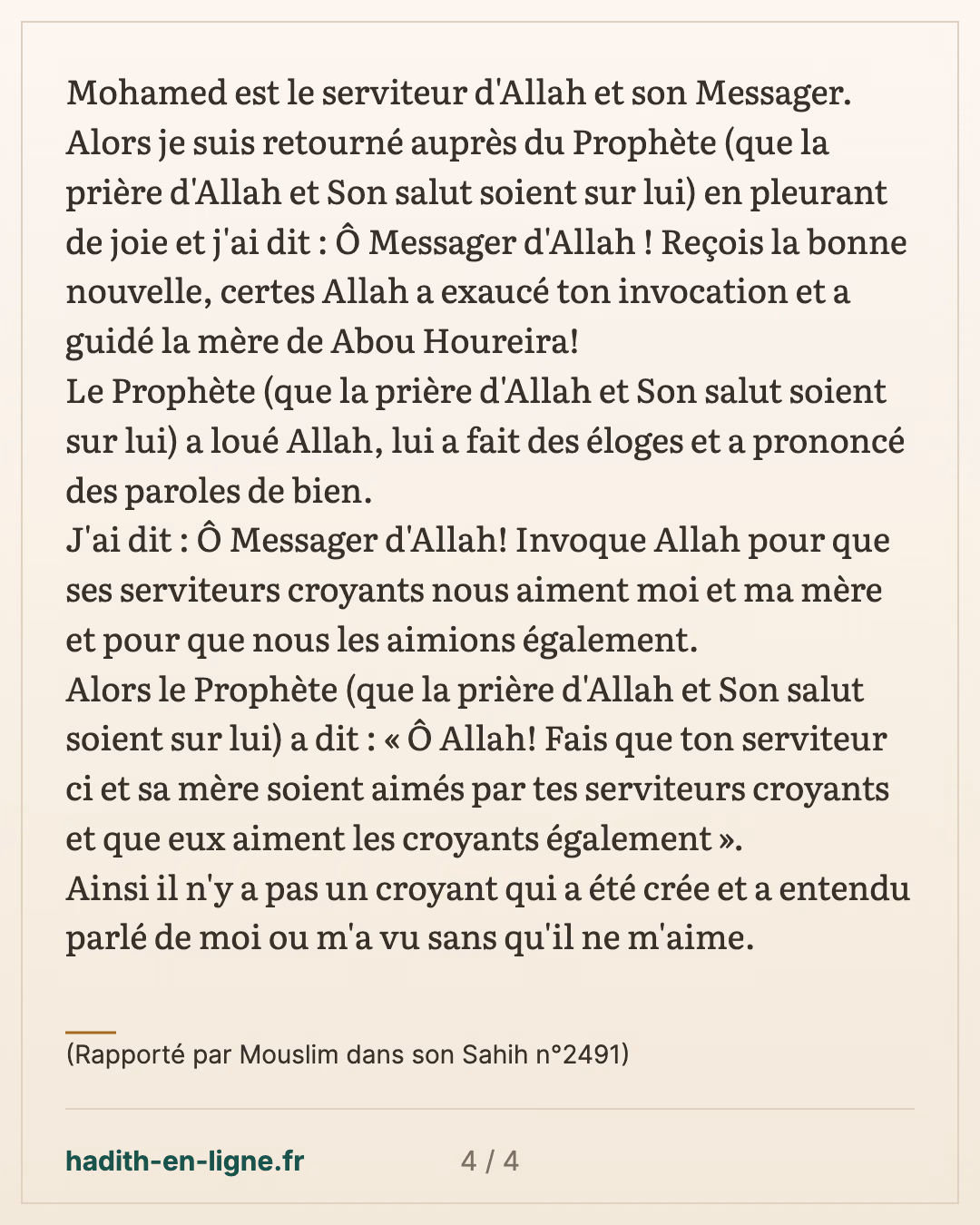 L'entrée en Islam de la mère d'Abou Houreira — (Rapporté par Mouslim dans son Sahih n°2491) — carte 4 sur 4