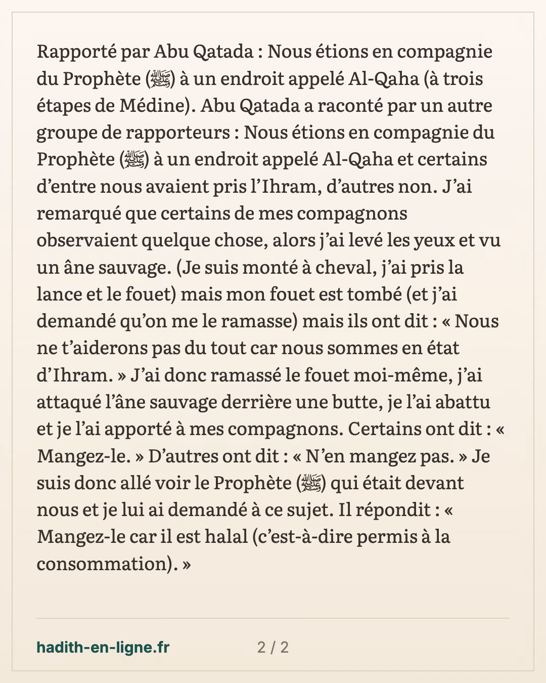 Le gibier d'Abou Qatada et les compagnons en ihram — carte 2 sur 2