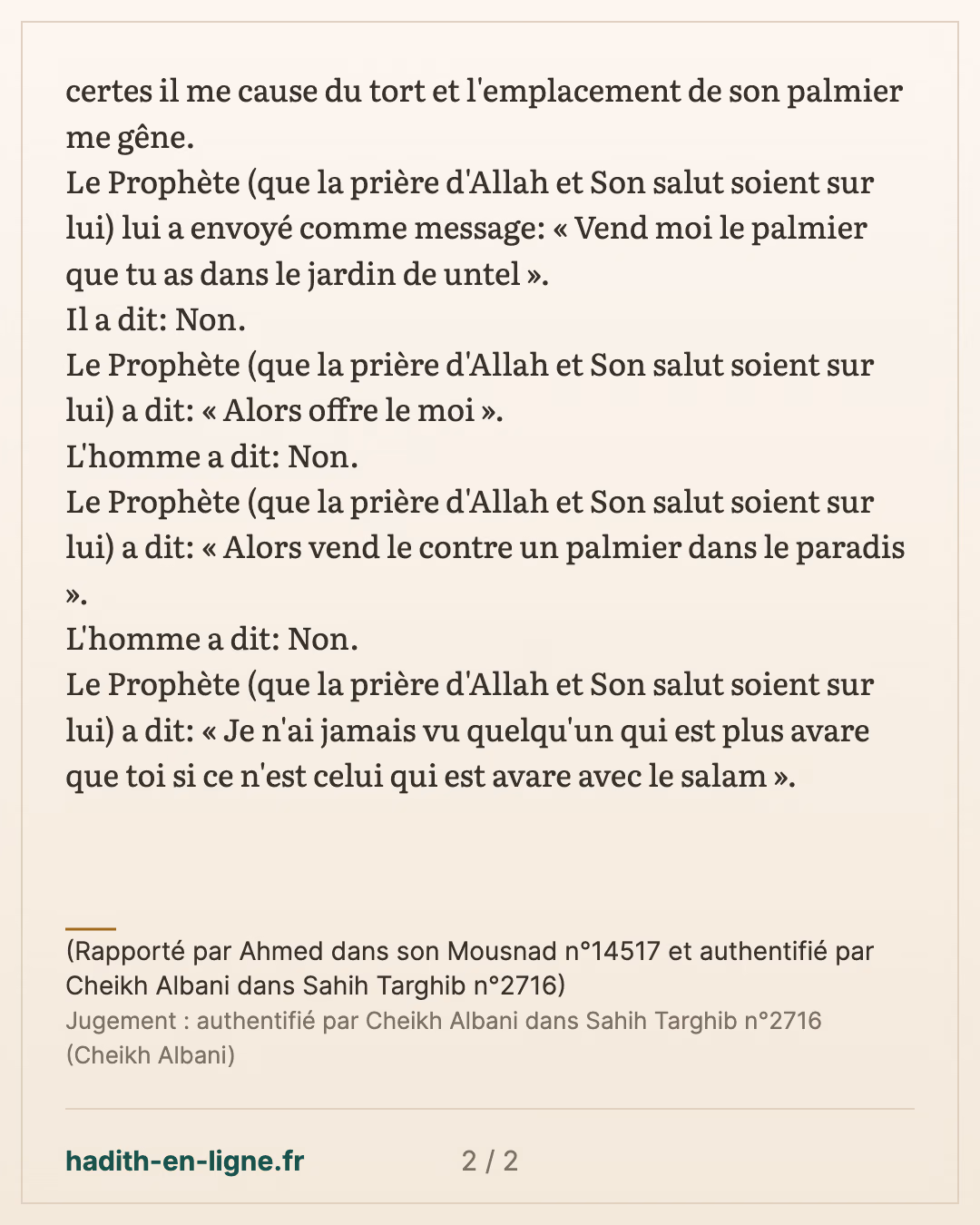 Celui qui est avare avec le salam — (Rapporté par Ahmed dans son Mousnad n°14517 et authentifié par Cheikh Albani dans Sahih Targhib n°2716) — carte 2 sur 2