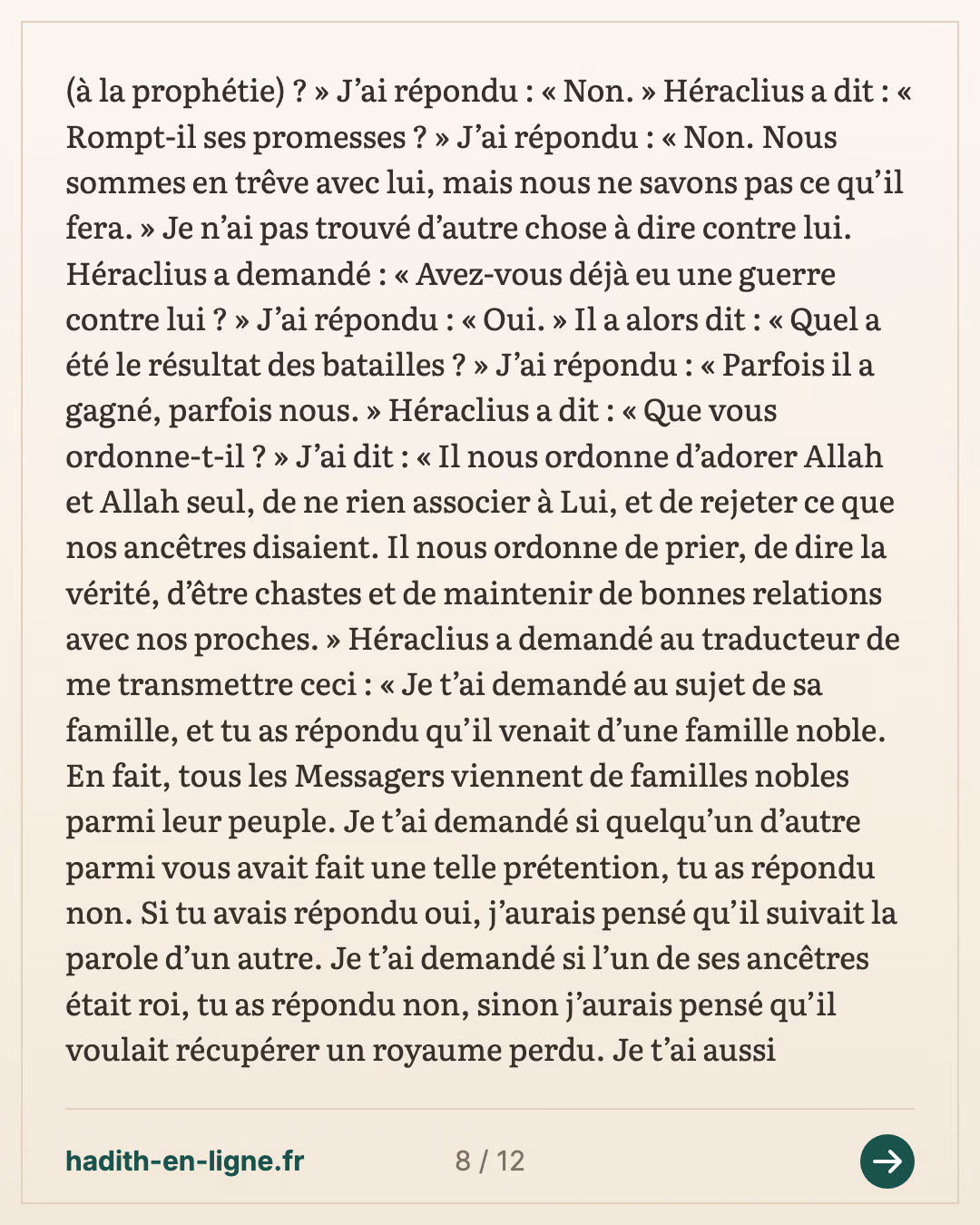 Héraclius interroge Abou Soufyan sur le Prophète ﷺ — carte 8 sur 12