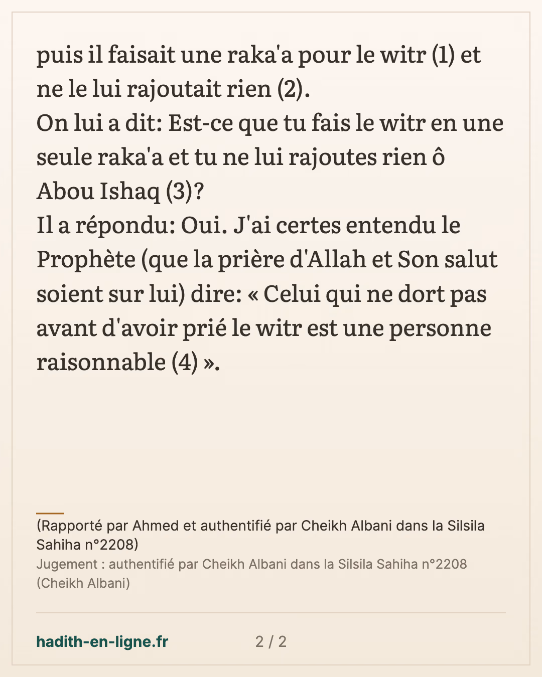 Qui est la personne raisonnable... — (Rapporté par Ahmed et authentifié par Cheikh Albani dans la Silsila Sahiha n°2208) — carte 2 sur 2