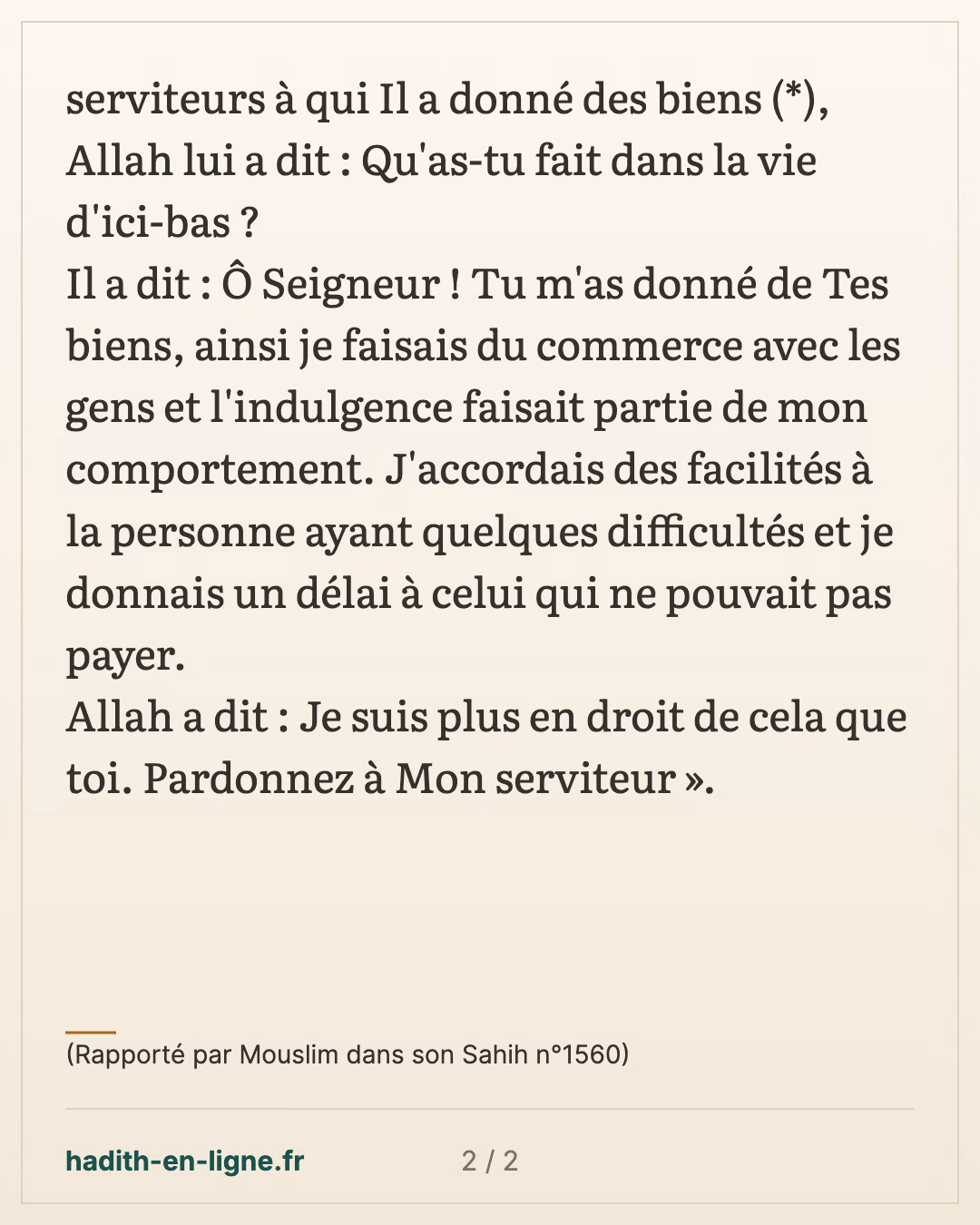 Je suis plus en droit de cela que toi — (Rapporté par Mouslim dans son Sahih n°1560) — carte 2 sur 2
