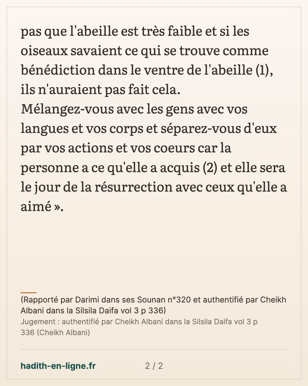 'Ali : « Soyez avec les gens comme l'abeille est avec les oiseaux » — (Rapporté par Darimi dans ses Sounan n°320 et authentifié par Cheikh Albani dans la Silsila Daifa vol 3 p 336) — carte 2 sur 2