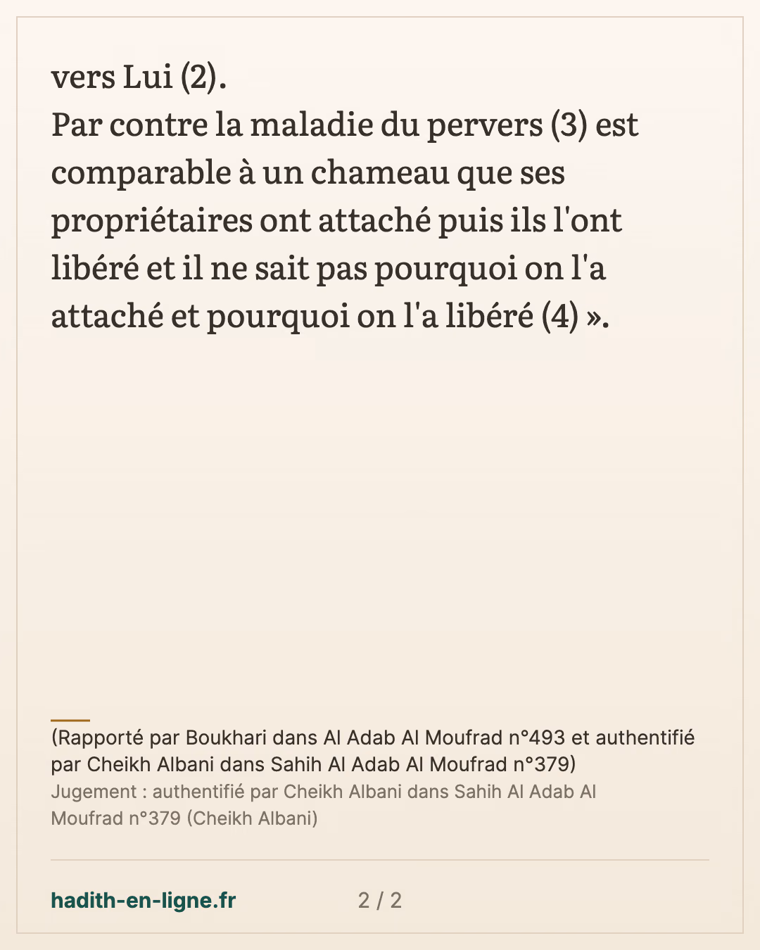 La maladie du croyant et la maladie du mécréant — (Rapporté par Boukhari dans Al Adab Al Moufrad n°493 et authentifié par Cheikh Albani dans Sahih Al Adab Al Moufrad n°379) — carte 2 sur 2