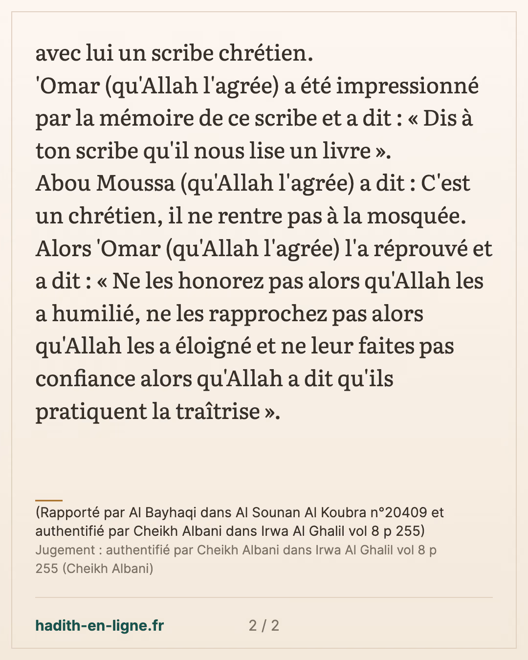 L'interdiction de fêter les fêtes des non-musulmans et de les féliciter pour celles-ci 4/9 — (Rapporté par Al Bayhaqi dans Al Sounan Al Koubra n°20409 et authentifié par Cheikh Albani dans Irwa Al Ghalil vol 8 p 255) — carte 2 sur 2