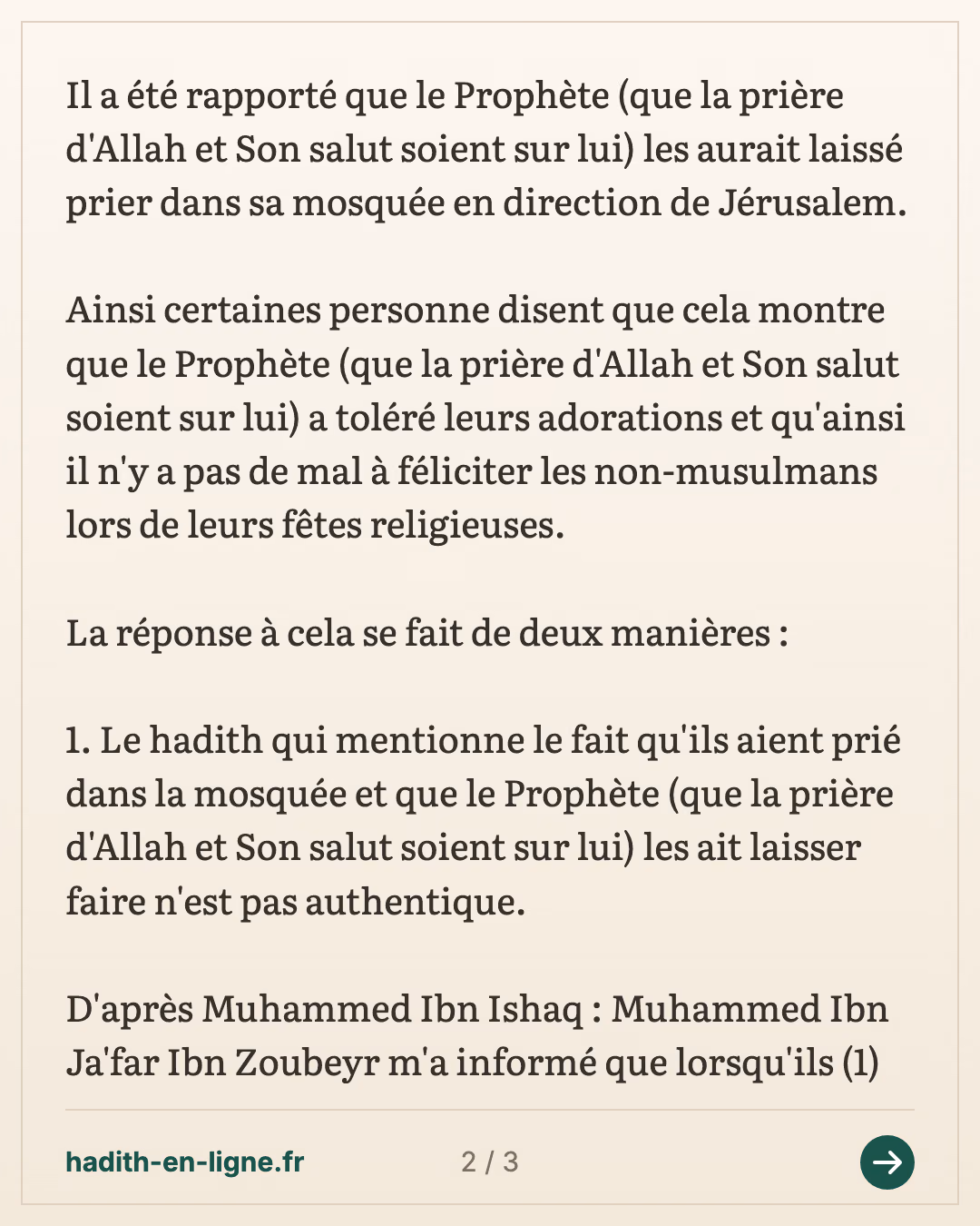 L'interdiction de fêter les fêtes des non-musulmans et de les féliciter pour celles-ci 8/9 — (Rapporté par Ibn Hicham dans sa Sira p 272 et par Ibn Jarir Tabari dans son Tefsir vol 6 p 152) — carte 2 sur 3
