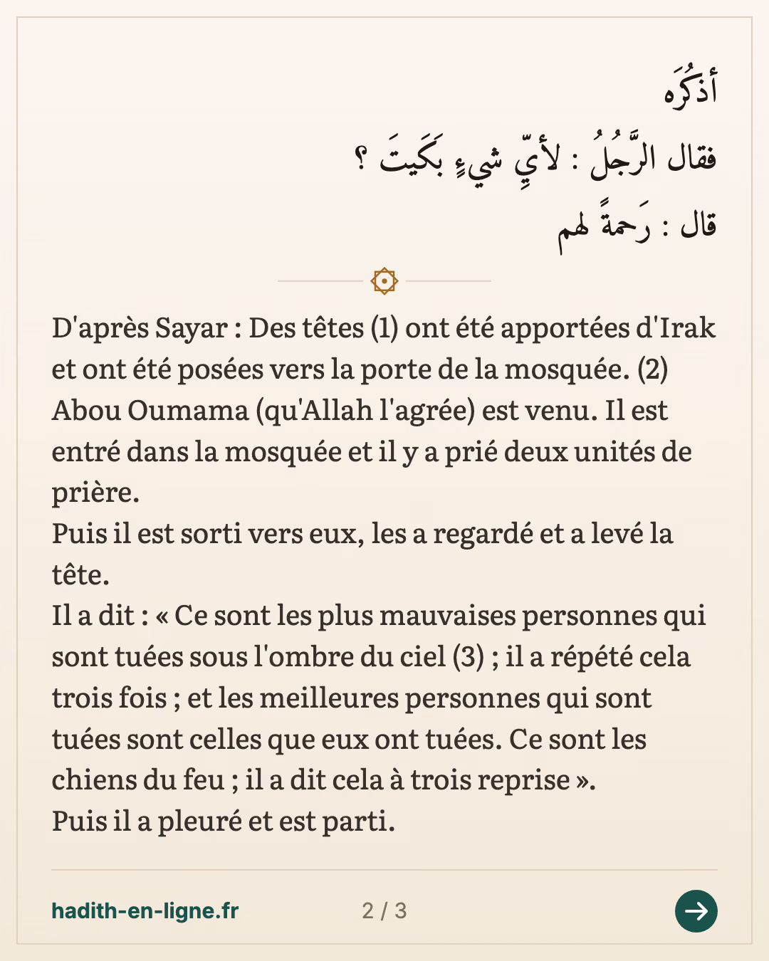 La miséricorde envers les gens égarés — (Rapporté par l'imam Ahmed dans son Mousnad n°22151 et authentifié par Cheikh Shouayb Arnaout dans sa correction du Mousnad) — carte 2 sur 3