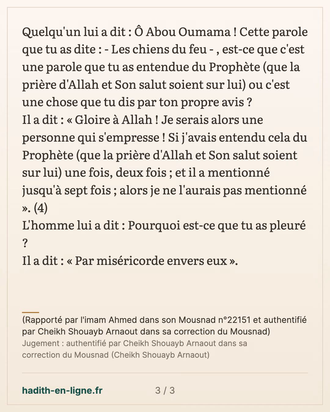La miséricorde envers les gens égarés — (Rapporté par l'imam Ahmed dans son Mousnad n°22151 et authentifié par Cheikh Shouayb Arnaout dans sa correction du Mousnad) — carte 3 sur 3