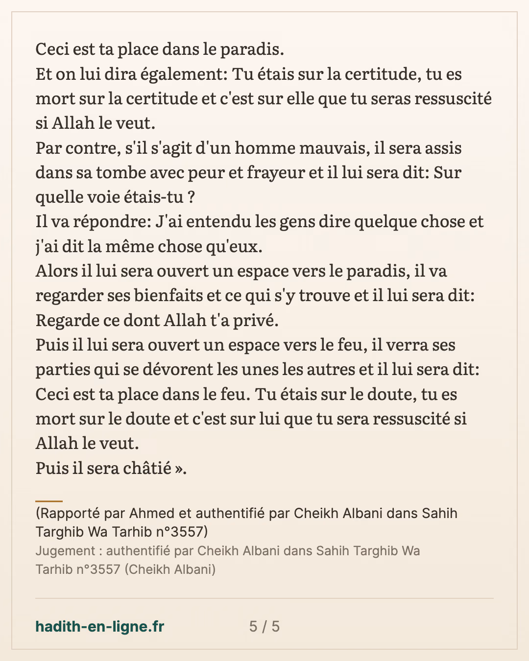 Qu'Allah vous préserve de l'épreuve du Dajjal et du châtiment de la tombe ! — (Rapporté par Ahmed et authentifié par Cheikh Albani dans Sahih Targhib Wa Tarhib n°3557) — carte 5 sur 5