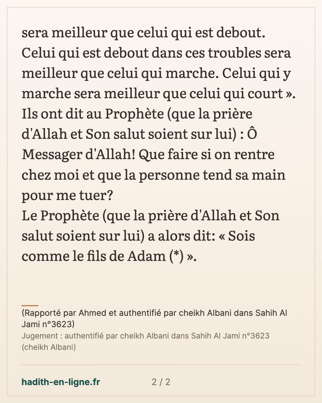 Il y aura dans le futur des troubles — (Rapporté par Ahmed et authentifié par cheikh Albani dans Sahih Al Jami n°3623) — carte 2 sur 2
