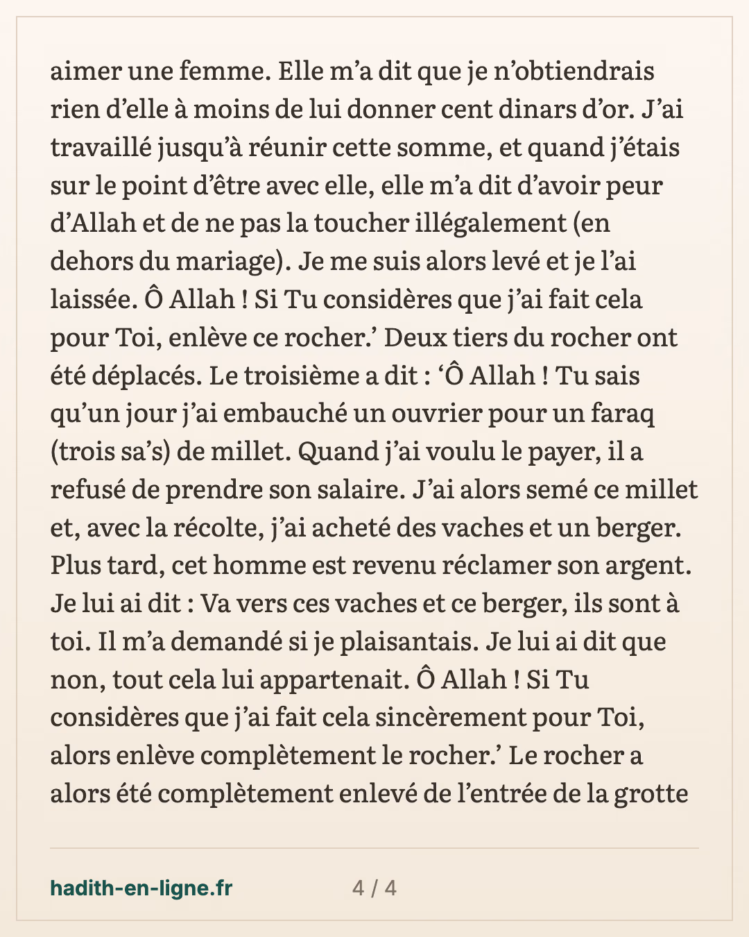 Les trois hommes bloqués dans la grotte invoquent Allah par leurs meilleures actions — carte 4 sur 4