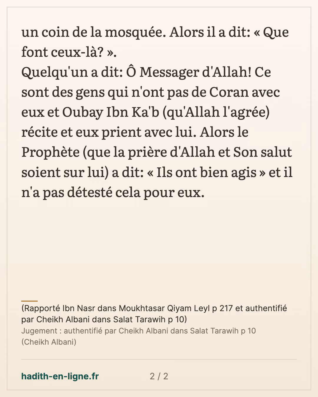 La prière du Tarawih — (Rapporté Ibn Nasr dans Moukhtasar Qiyam Leyl p 217 et authentifié par Cheikh Albani dans Salat Tarawih p 10) — carte 2 sur 2