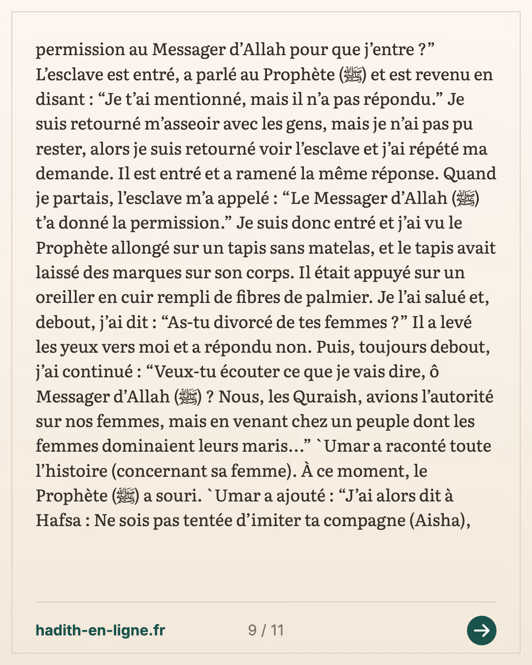 Les deux épouses mentionnées dans le Coran : la question posée à 'Omar — carte 9 sur 11