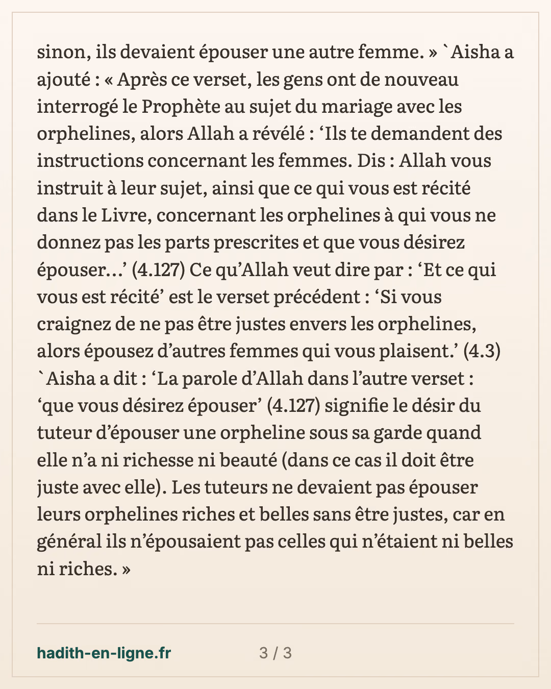 'Aïcha explique le verset sur les orphelines : « deux, trois ou quatre » — carte 3 sur 3