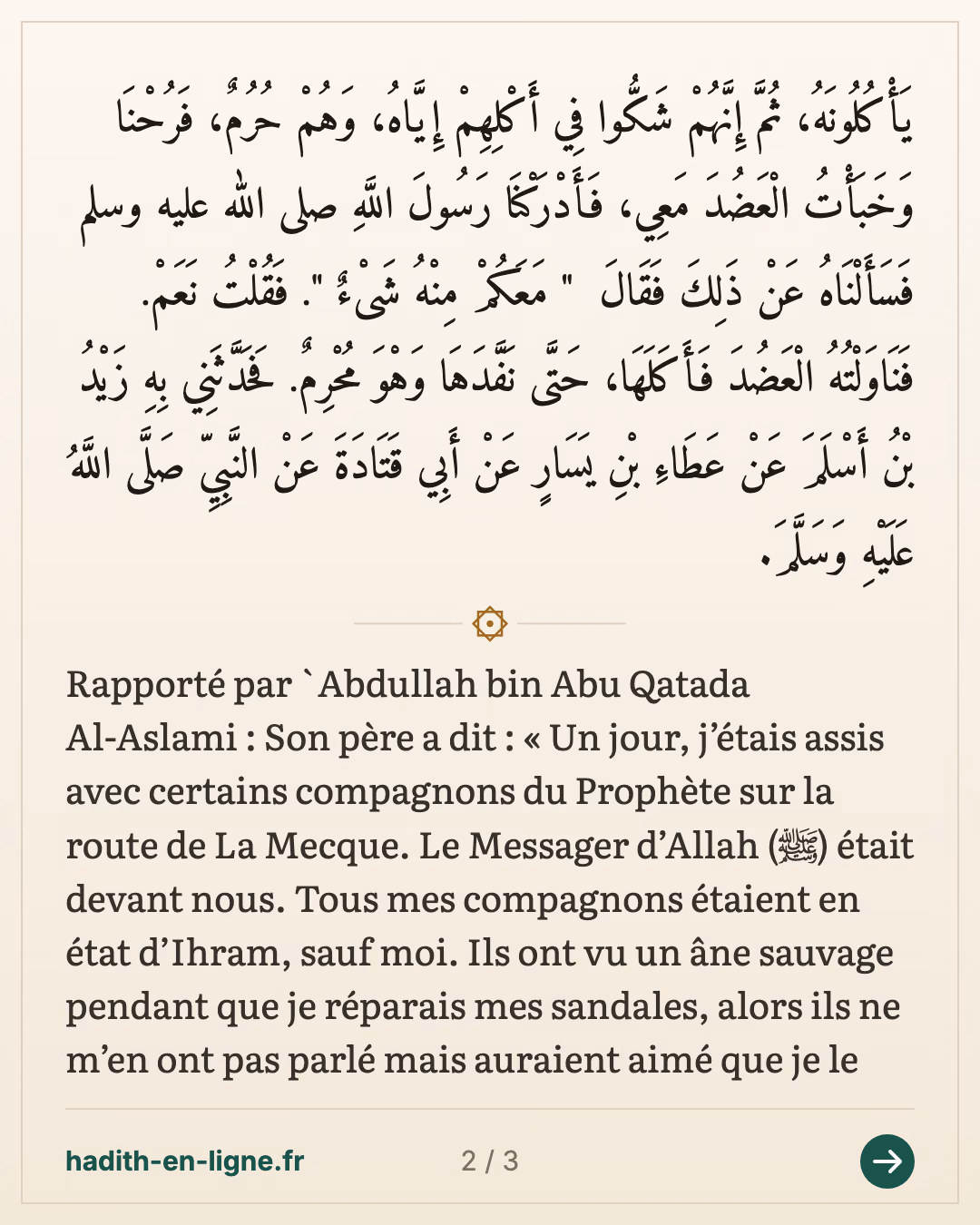L'âne sauvage aperçu par les Compagnons en état d'ihram sur la route de La Mecque — carte 2 sur 3