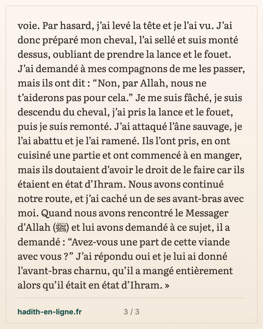 L'âne sauvage aperçu par les Compagnons en état d'ihram sur la route de La Mecque — carte 3 sur 3