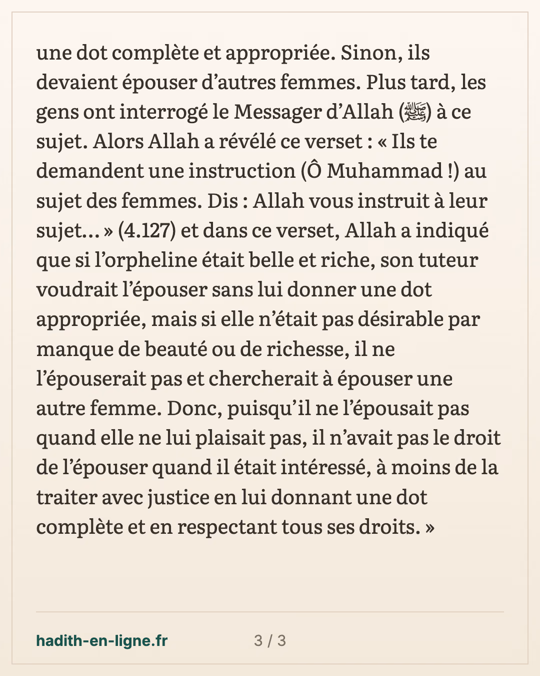 'Orwa interroge 'Aïcha sur le verset des orphelines — carte 3 sur 3
