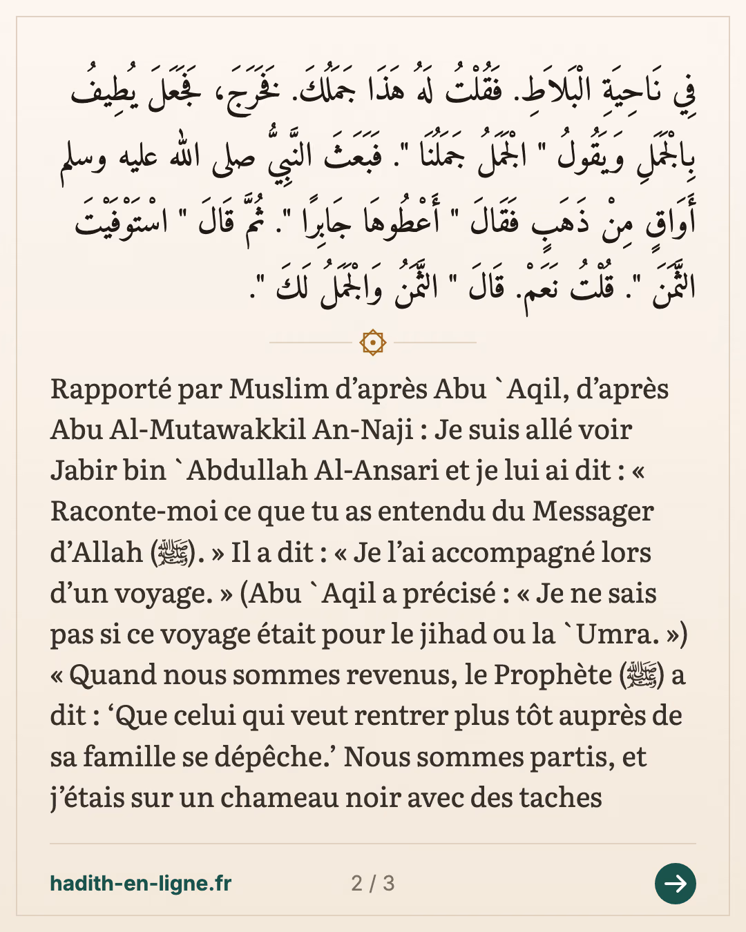 Jabir raconte un voyage avec le Messager d'Allah ﷺ — carte 2 sur 3