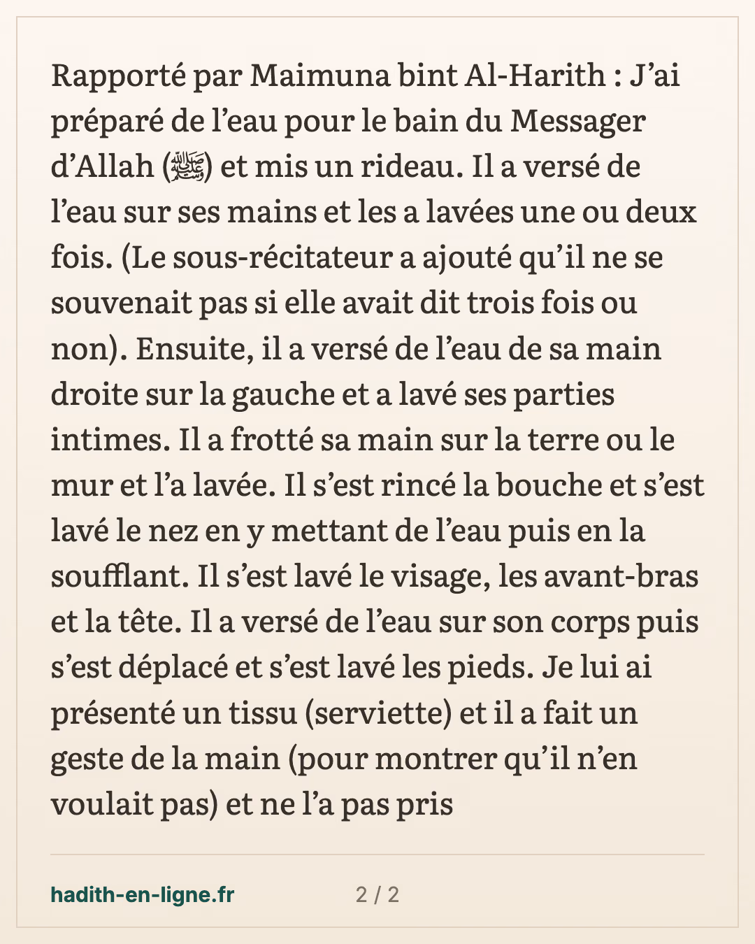 Verser l'eau de la main droite sur la main gauche pendant le bain rituel — carte 2 sur 2
