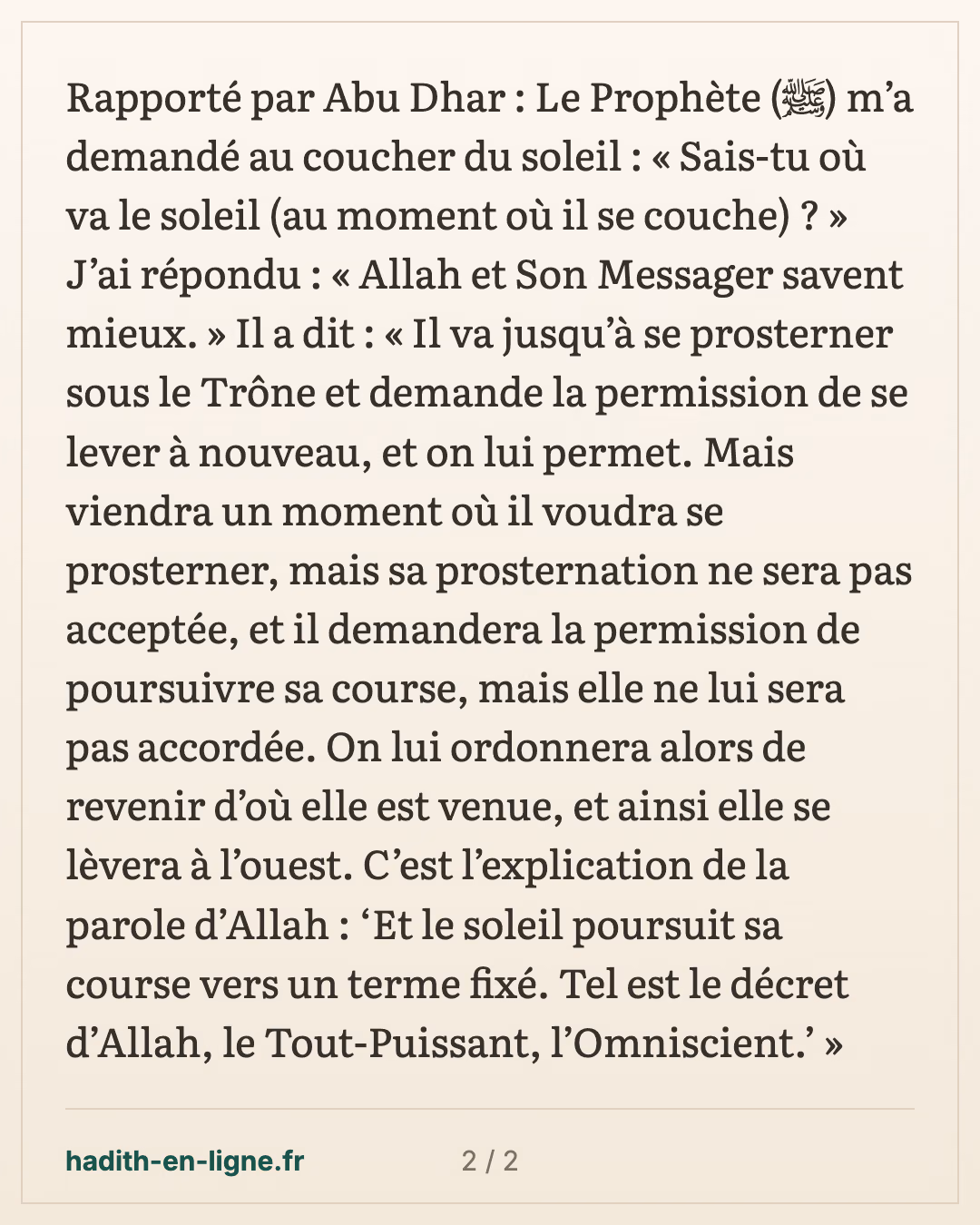 « Sais-tu où va le soleil ? » : sa prosternation sous le Trône — carte 2 sur 2
