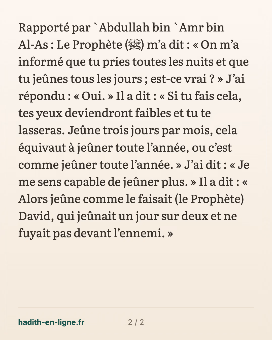 « Jeûne trois jours par mois » : les nuits de prière et les jours de jeûne — carte 2 sur 2