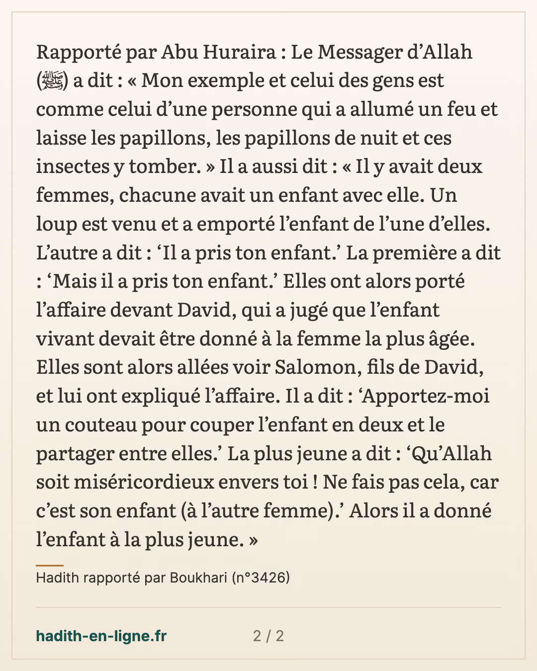 L'homme qui allume un feu et les papillons qui s'y précipitent — Hadith rapporté par Boukhari (n°3426) — carte 2 sur 2