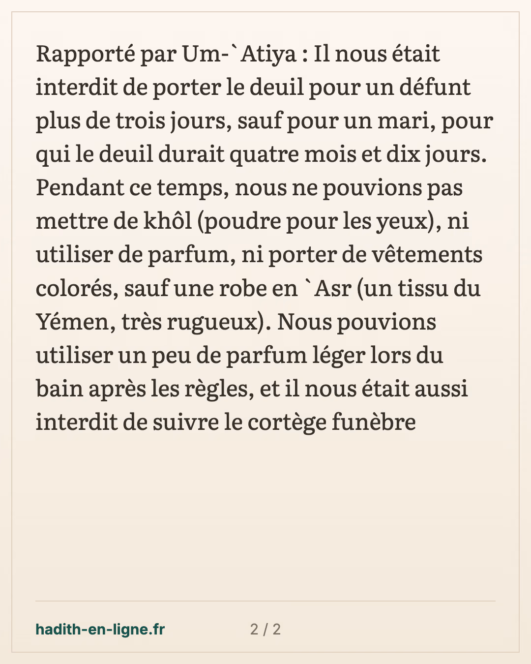 Le deuil de la femme : pas plus de trois jours, sauf pour le mari — carte 2 sur 2