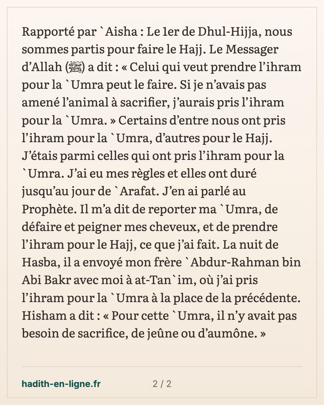 Le départ pour le pèlerinage d'adieu et le choix entre hajj et 'omra — carte 2 sur 2