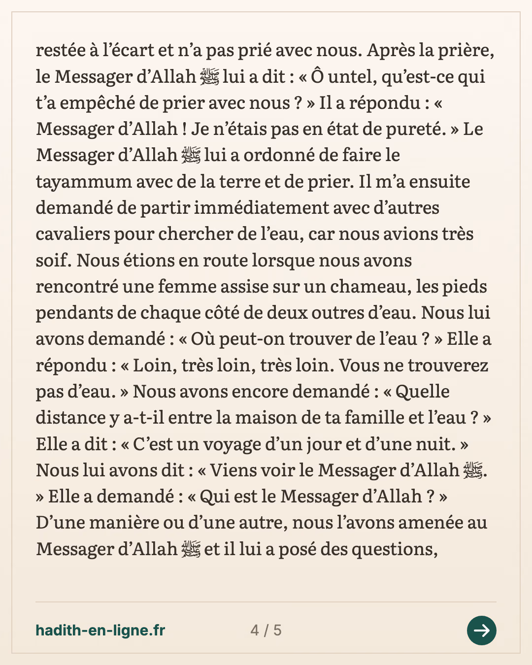 Le sommeil jusqu'au lever du soleil en voyage : Abou Bakr se réveille le premier — carte 4 sur 5
