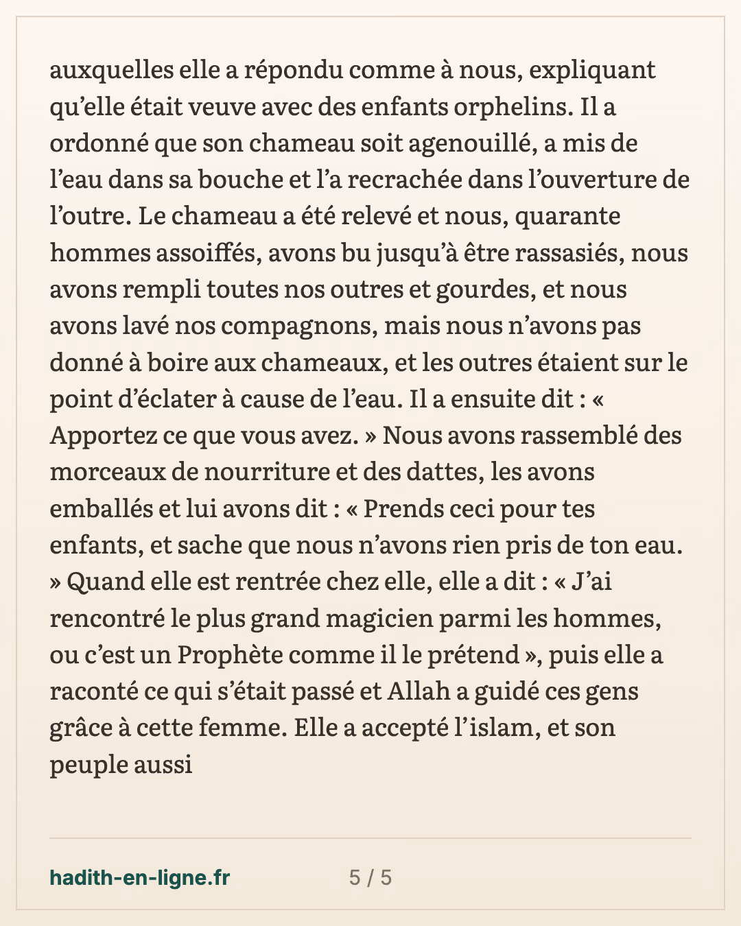 Le sommeil jusqu'au lever du soleil en voyage : Abou Bakr se réveille le premier — carte 5 sur 5