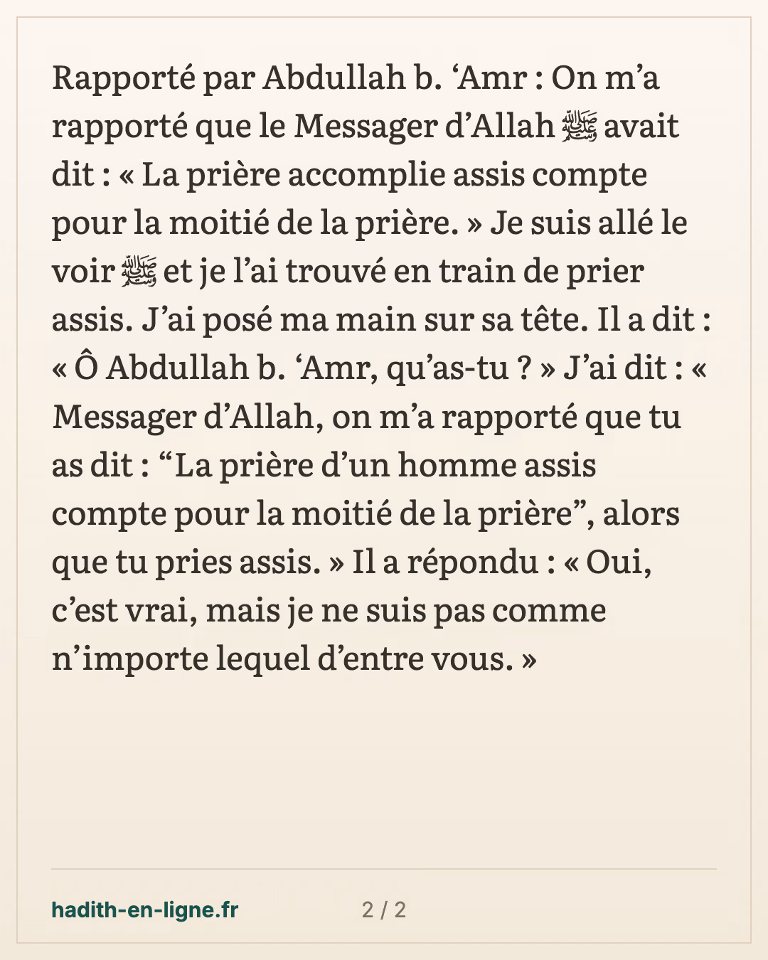 « La prière accomplie assis compte pour la moitié » : 'Abdallah ibn 'Amr — carte 2 sur 2