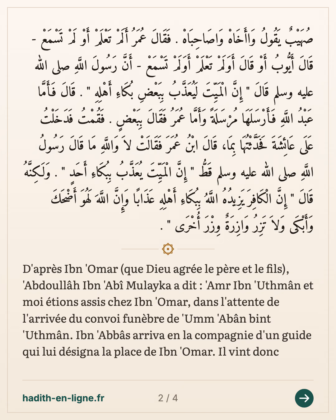 Ibn 'Omar et Ibn 'Abbas aux funérailles d'Oumm Aban bint 'Othman — Hadith rapporté par Mouslim (n°928) — carte 2 sur 4
