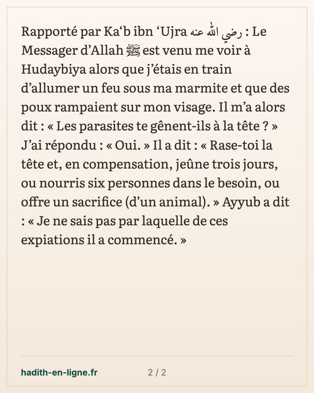 Les poux sur le visage à Houdaybiya et le rachat pour le rasage — carte 2 sur 2