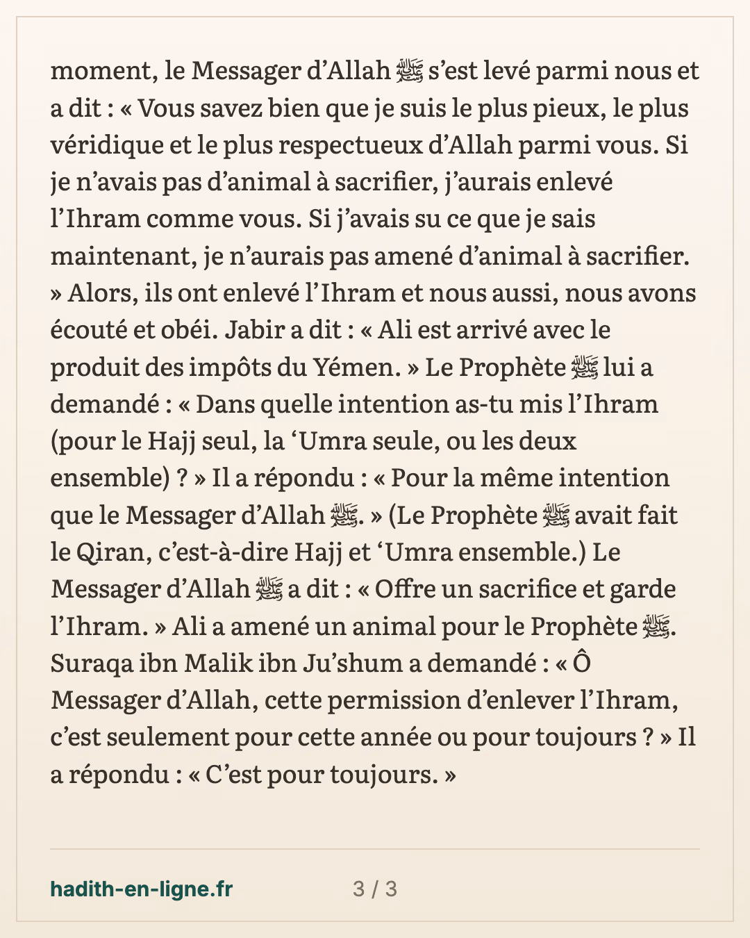 Jabir : l'arrivée le 4 Dhoul-Hijja et l'ordre d'enlever l'ihram — carte 3 sur 3