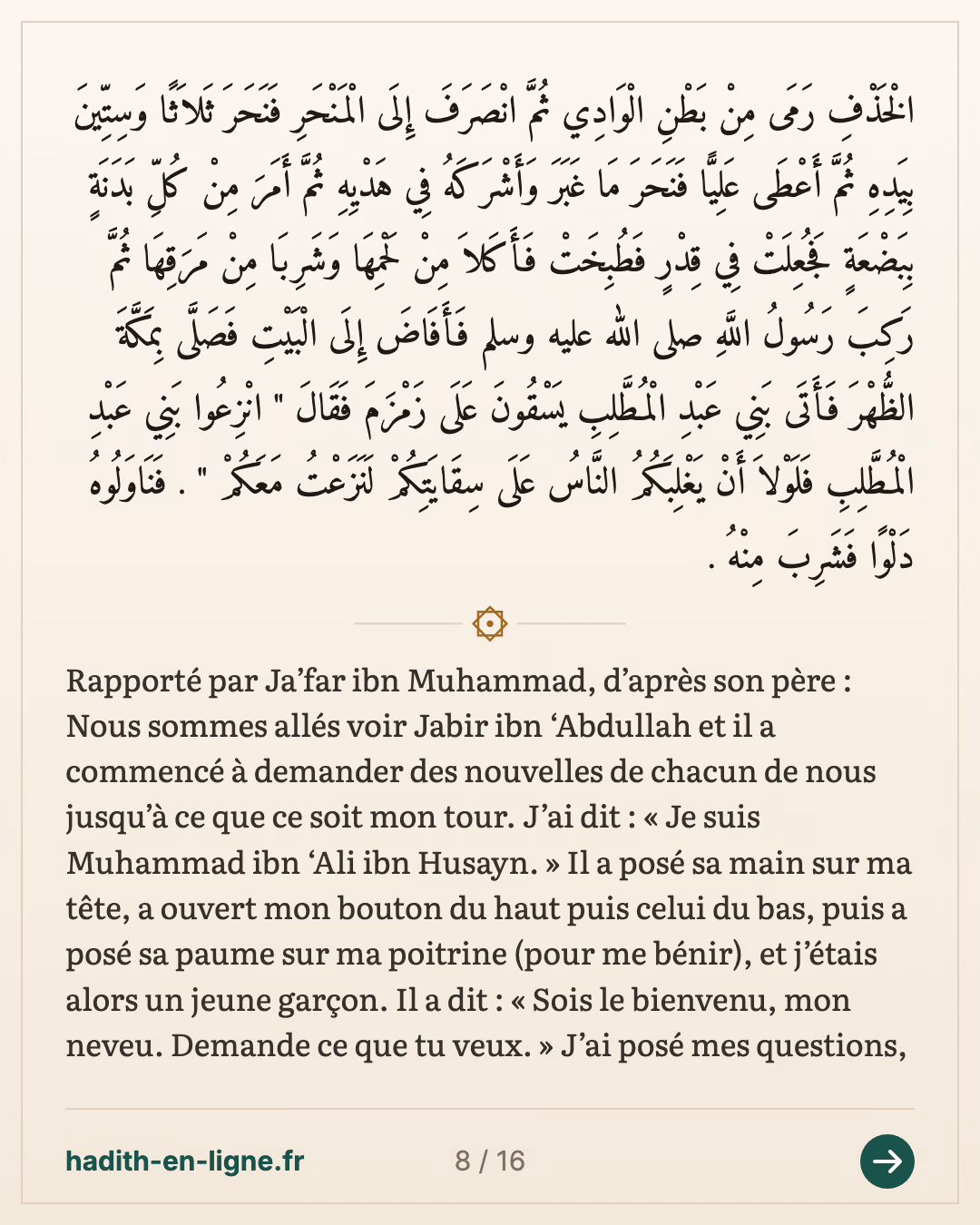 Mouhammad ibn 'Ali ibn Houssayn chez Jabir ibn 'Abdallah — carte 8 sur 16