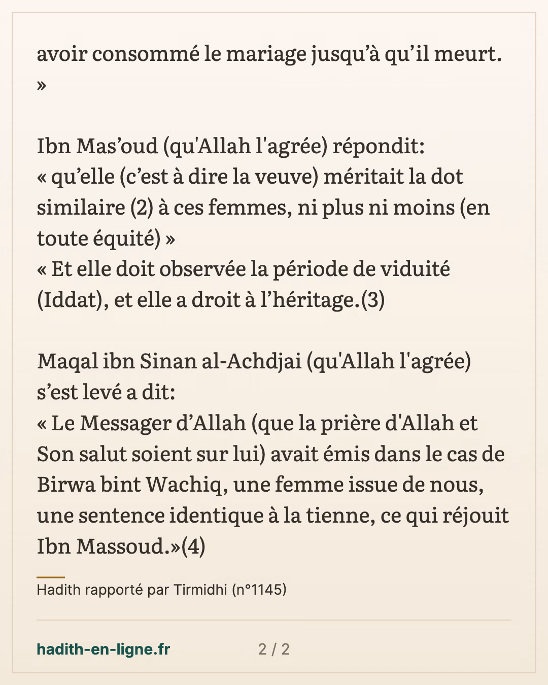 Ibn Mas'oud et la veuve dont la dot n'avait pas été fixée — Hadith rapporté par Tirmidhi (n°1145) — carte 2 sur 2