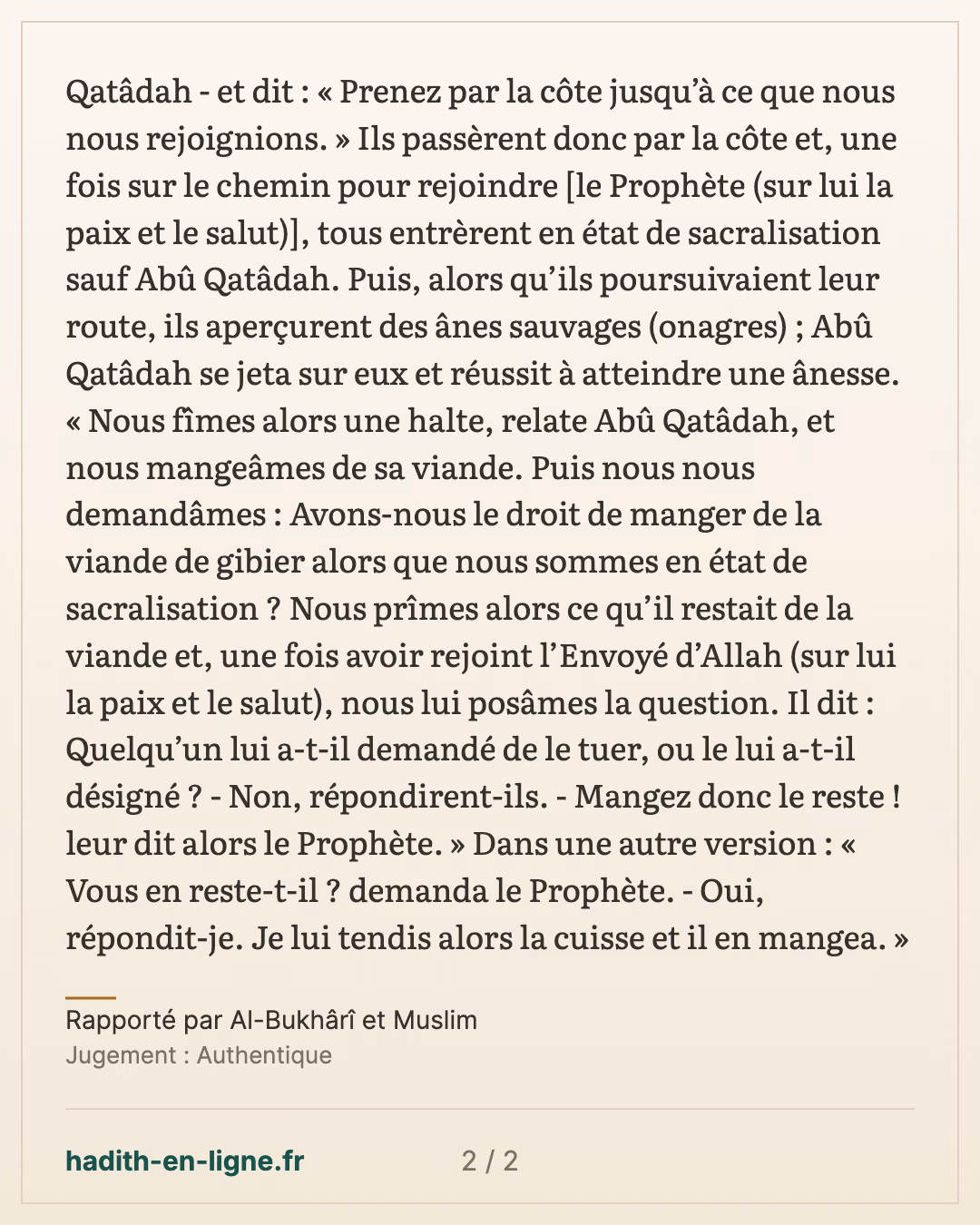 Abou Qatada et l'âne sauvage sur la route de la côte — Rapporté par Al-Bukhârî et Muslim — carte 2 sur 2